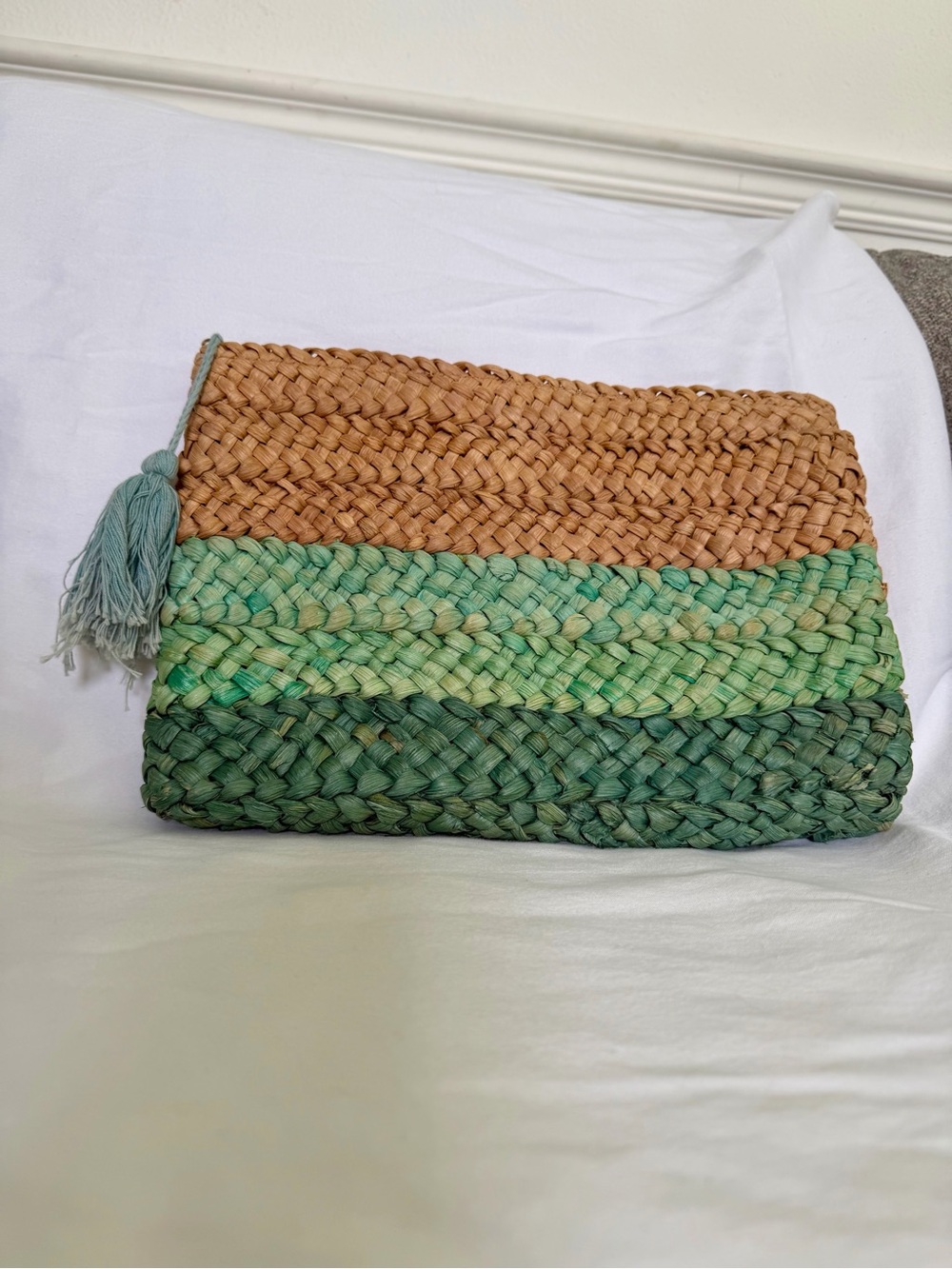 Lucky Brand Tan and Green Braided Gradient Clutch with Tassel